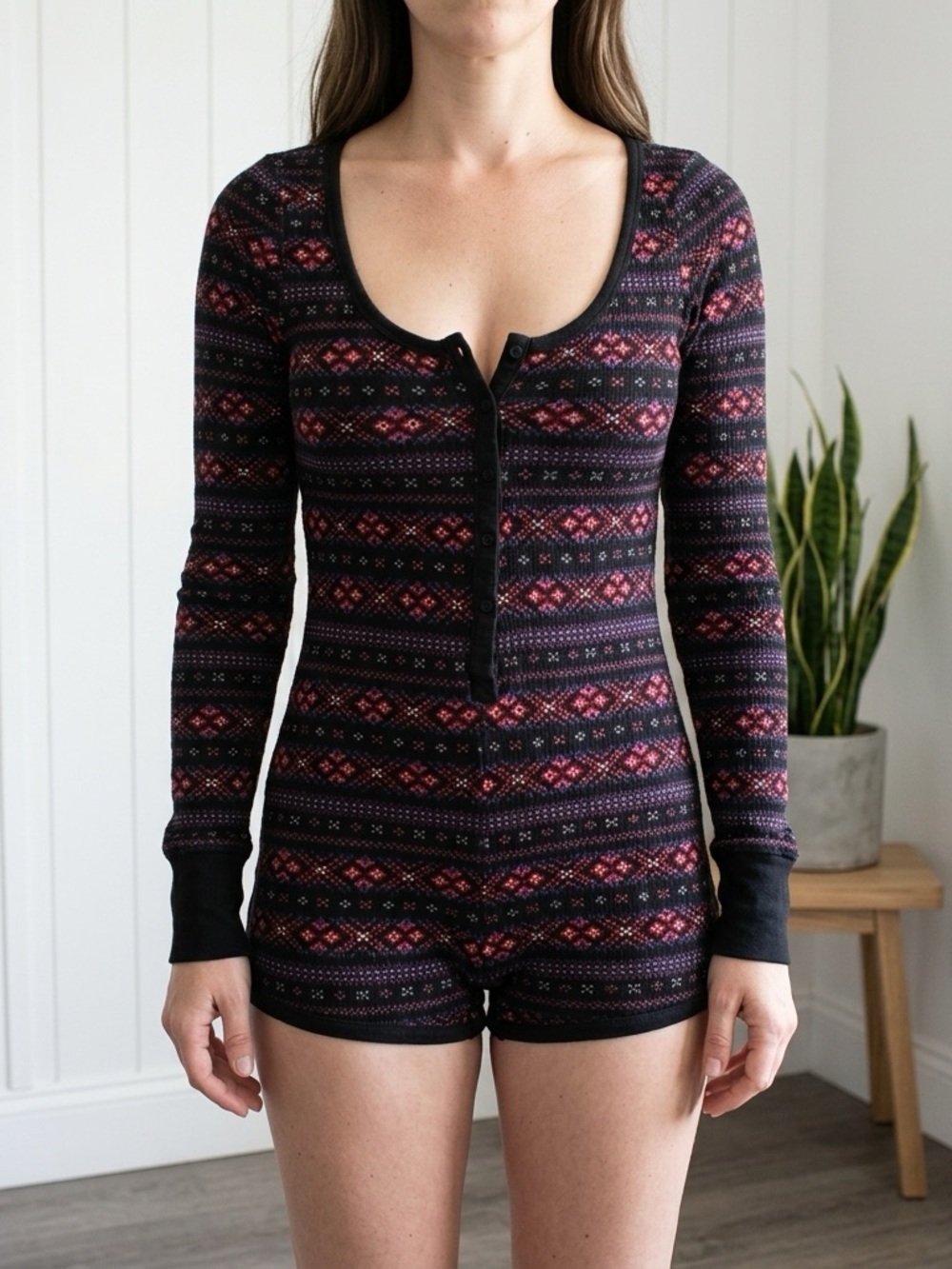 💥 La Senza Thermal Short Pajama Patterned Long Sleeve Snap Up Bodysuit